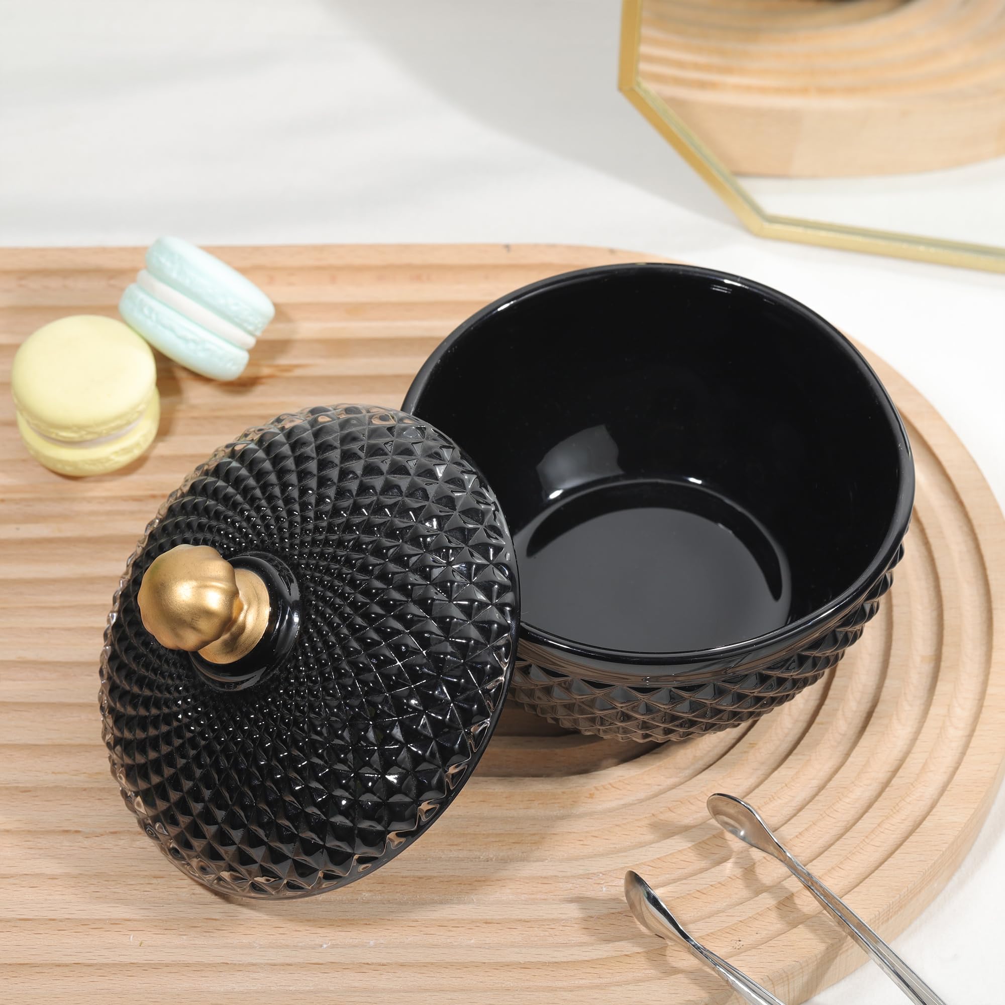 Joeyan Piccoli Barattoli Dolci in Vetro Nero con Coperchio,Piatti di Caramelle in Vetro Rilievo per Noci,Cioccolato,Biscotti,Barattolo Decorativo per Matrimoni,Buffet Festa,Decorazioni per la Casa