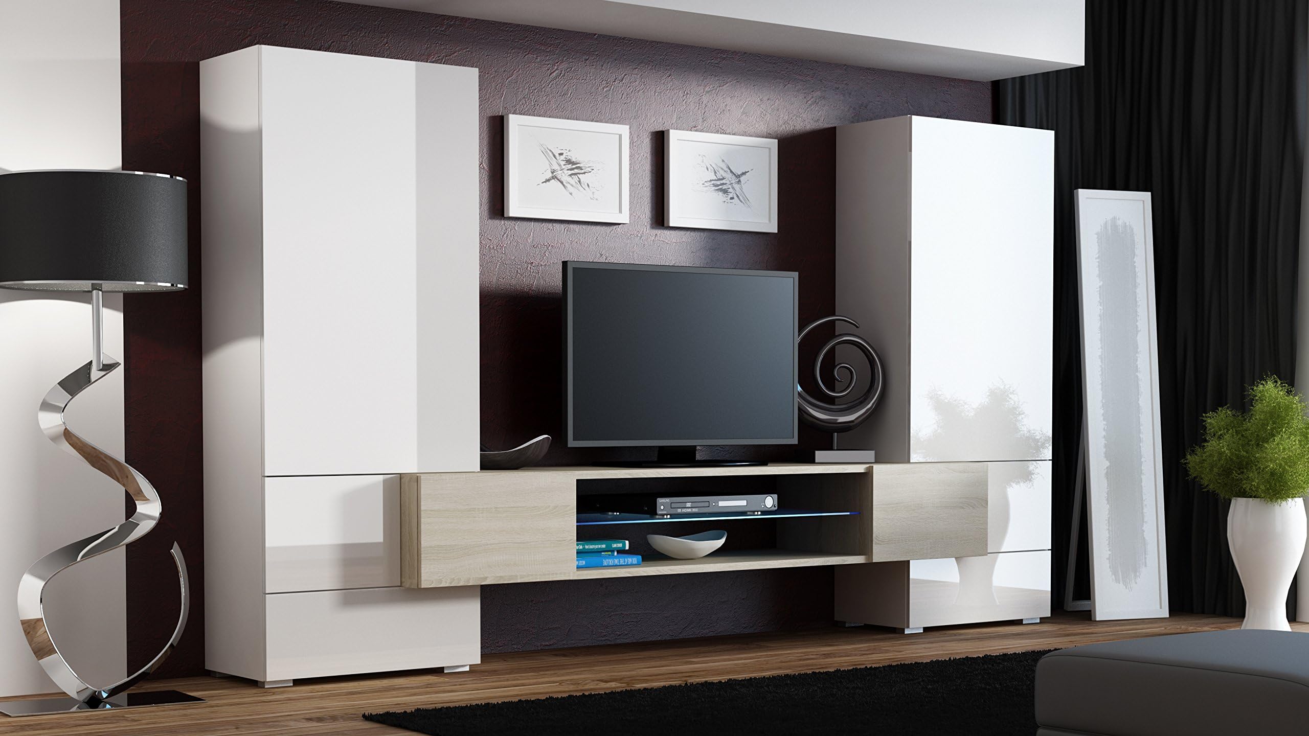 BanburyModernFurniture BMF TORRO WALL UNIT/TALLBOY CABINETS FLOATING TV STAND LED GLASS SHELF HIGH GLOSS - SONOMA OAK/WHITE