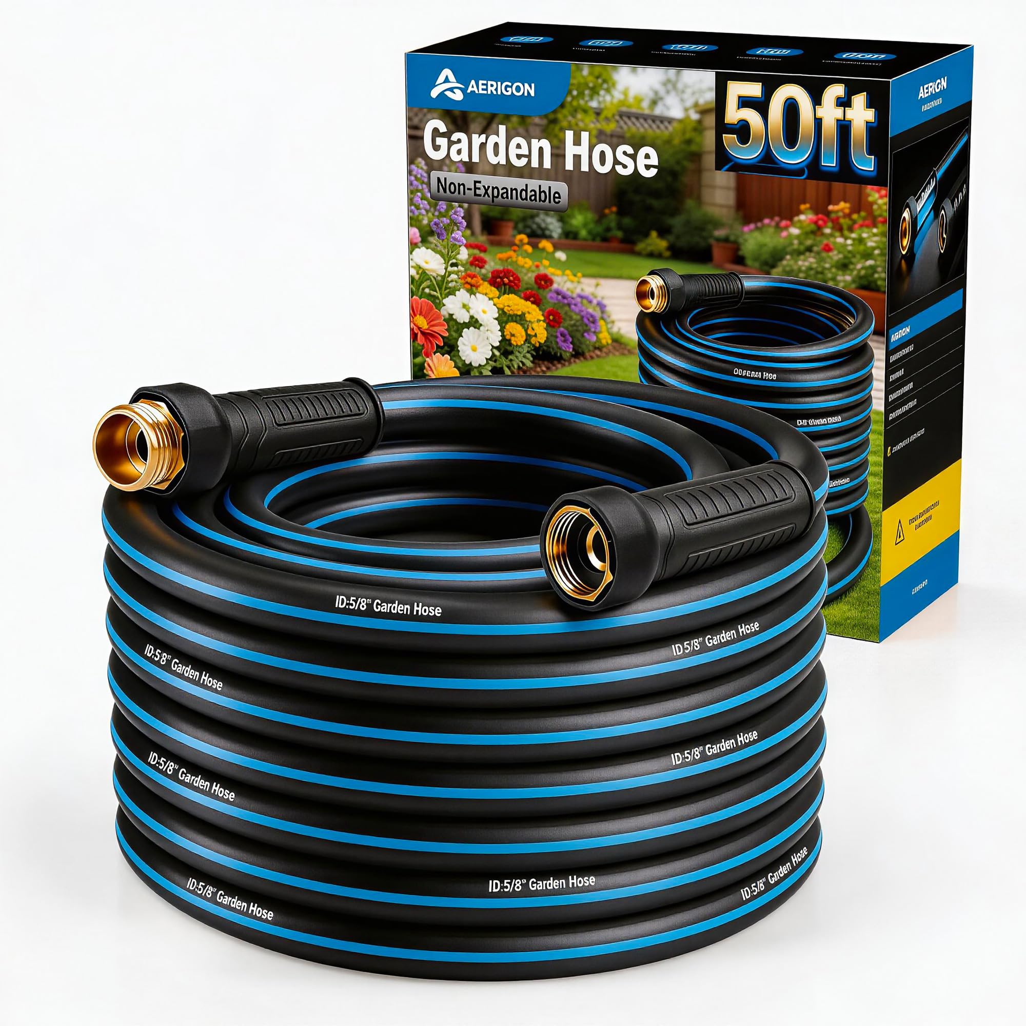 Heavy Duty Rubber Garden Hose 5/8" x 50FT, Non-Expandable Kink-Free Water Hose with Leak-Proof 3/4" Fittings for Yard Lawn and Car Wash - 1