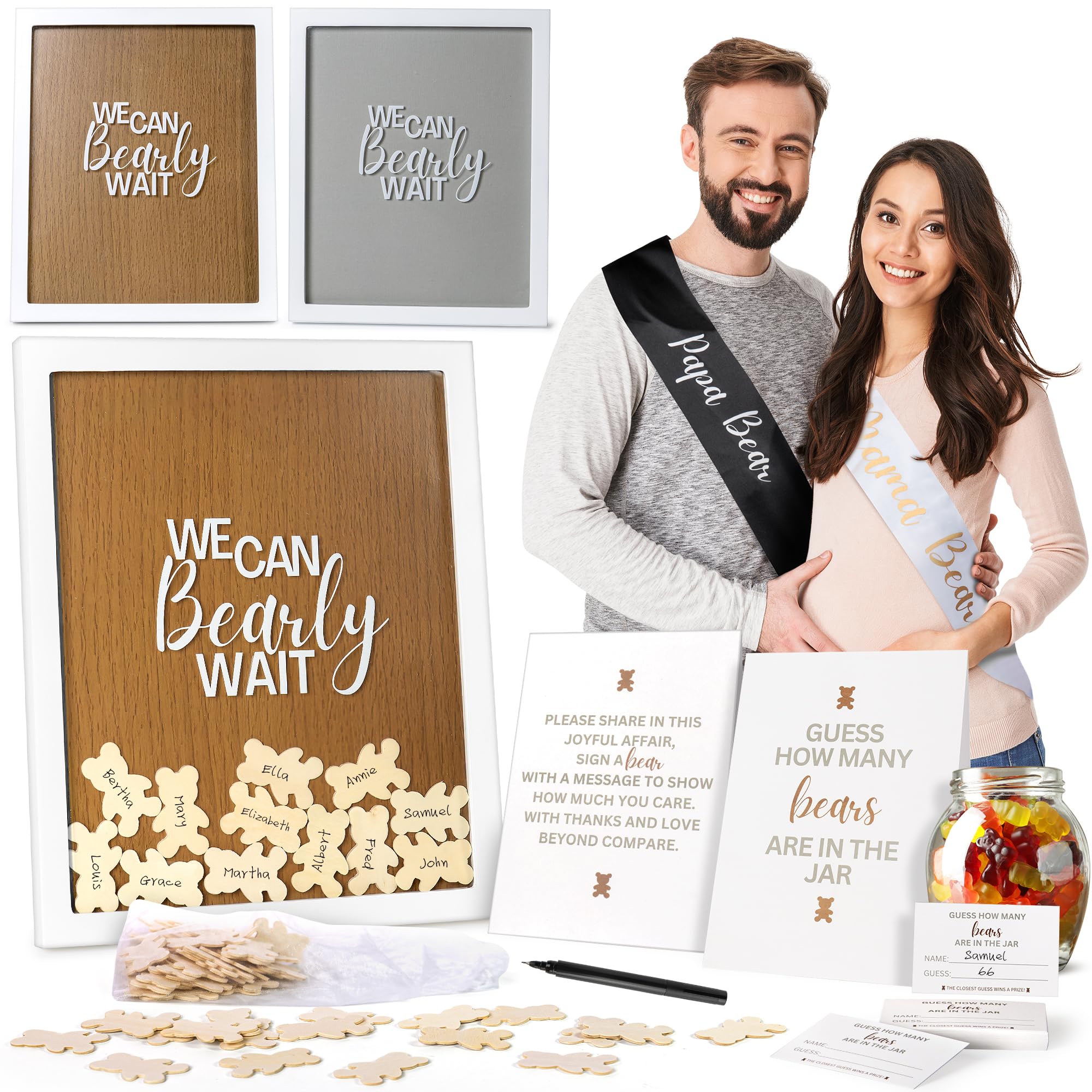 Parkway Home Ramka na żeton niedźwiedzia – podpis dla księgi gości na baby shower, pamiątka ciążowa dla niedługo będących mamami, opcje podwójnego tła