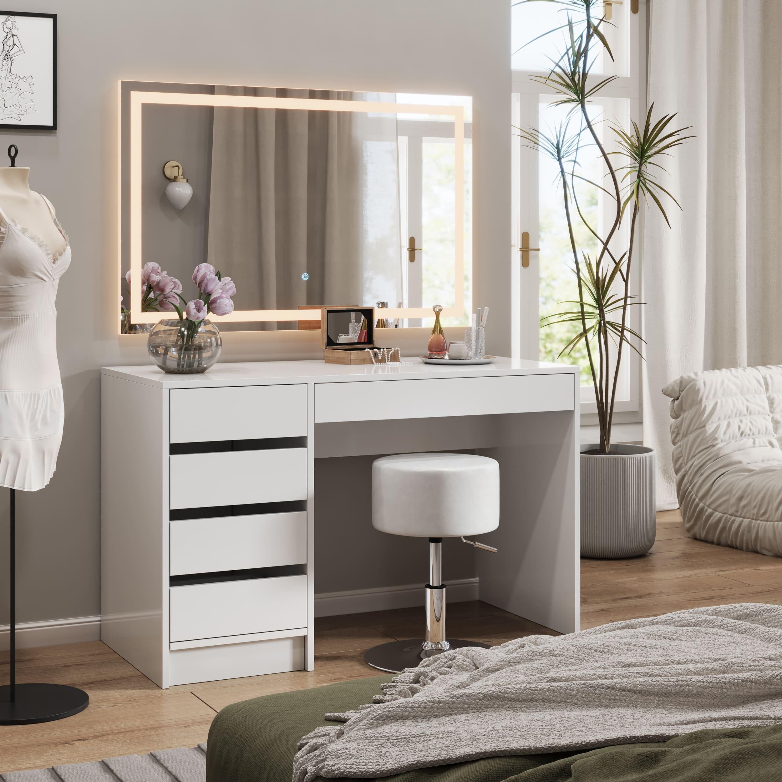 Vicco Taburete Design, Blanco, 33.5 x 67 cm para tocador, Ajustable en Altura con tapizado de Cuero sintético Resistente