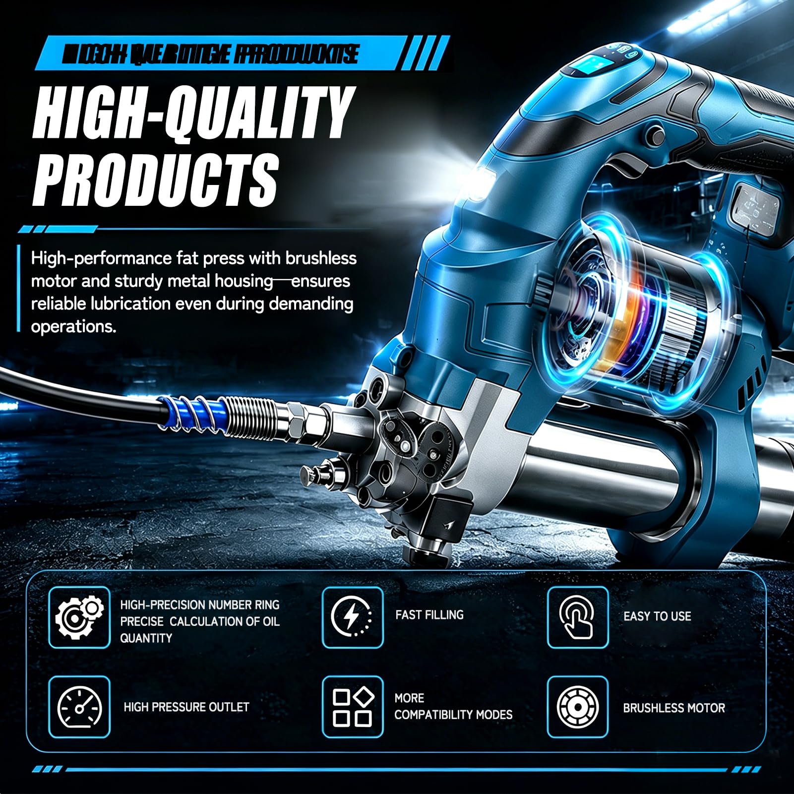12.000 PSI Engrasadora Bateria Kit - Set Completo con 2 Baterias Premium de 2,0 Ah, Manguera Flexible de 1 M, Luz Led Brillante Y Motor Sin Escobillas Potente, 3 Velocidades Variables