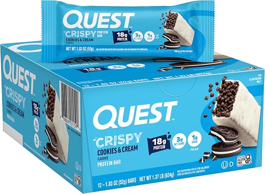 Quest Nutrition Crispy Cookies & Cream Hero Protein Bar, 18g Protein, 1g Sugar, 3g Net Carb, Gluten Free Protein Snack, Keto Friendly, 12 Count