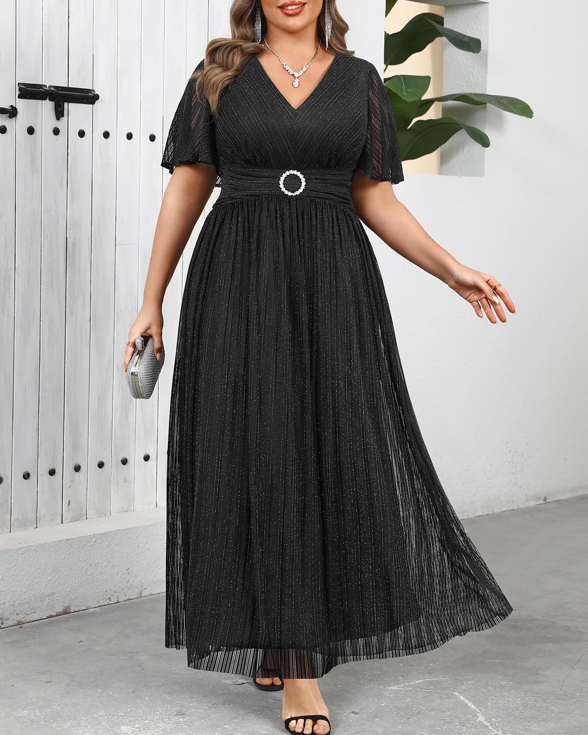 Talisea Plus Size Formal Dresses - Wedding Guest Evening Gown Sparkly Sequin Prom Gala Ball Maxi Dress with Short Sleeves