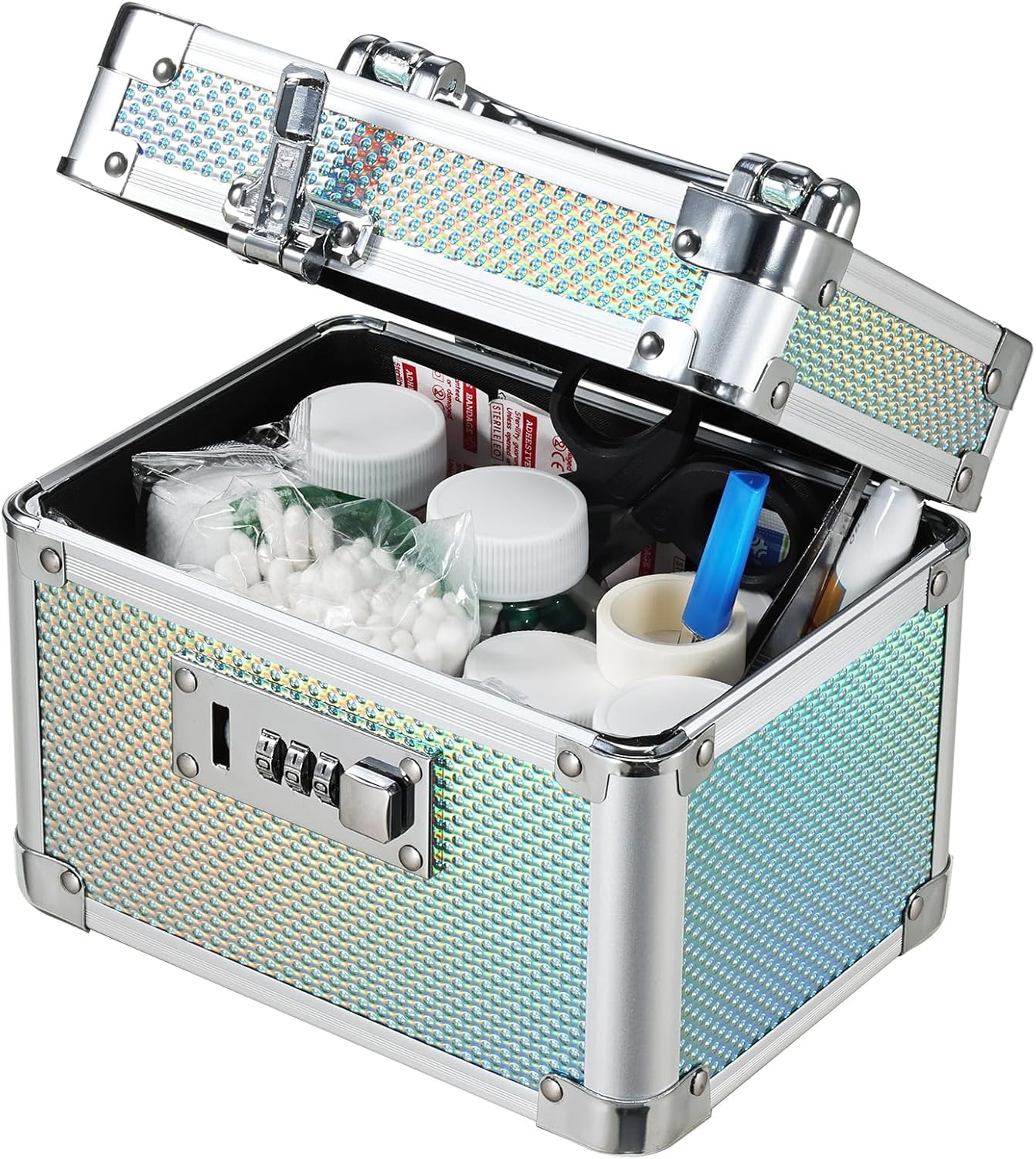 Adazzo Lockable Medicine Storage Box - Shiny Turquoise Cabinet Med Lock Organizer, 7 * 5.25 * 5.75 Inches Safe Case with Combination Lock for Home, Dorm, Office, or Travel - Mini Size