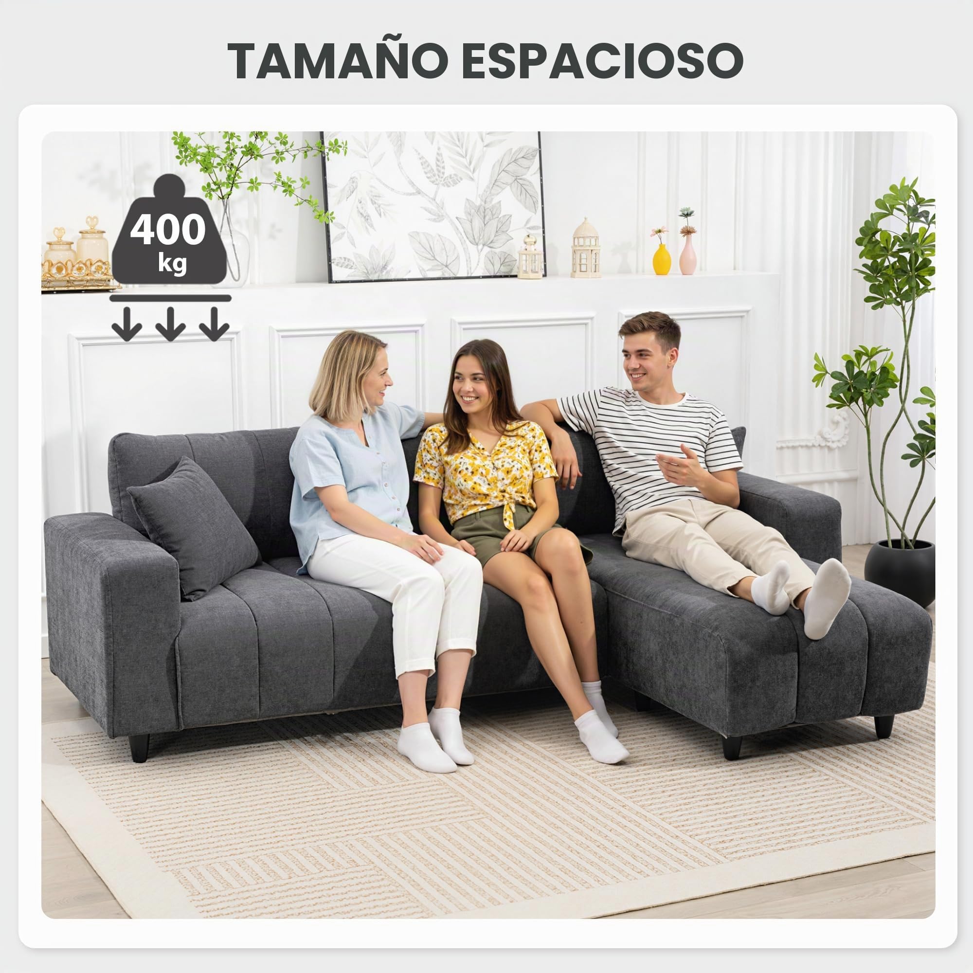 HOMCOM Sofá Chaise Longue Reversible 3 Plazas 242x156x87 cm Gris Oscuro