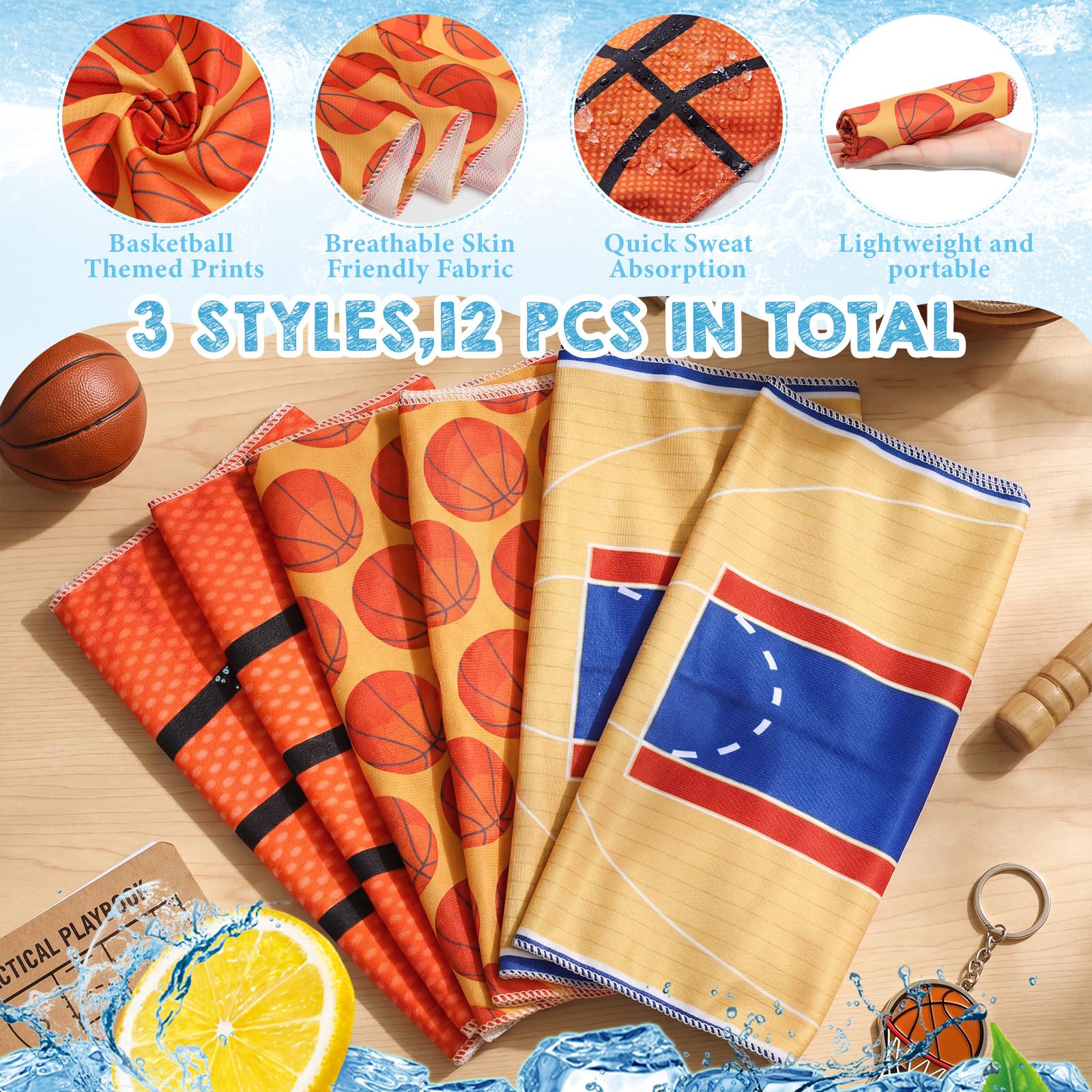 12 Pezzi Asciugamani rinfrescanti per Basket,Golf,Calcio,Sport,bomboniere per Feste a Tema Basket,Asciugamani rinfrescanti Traspiranti e Portatili,in Microfibra ad Asciugatura Rapida,32 x 12 Pollici,