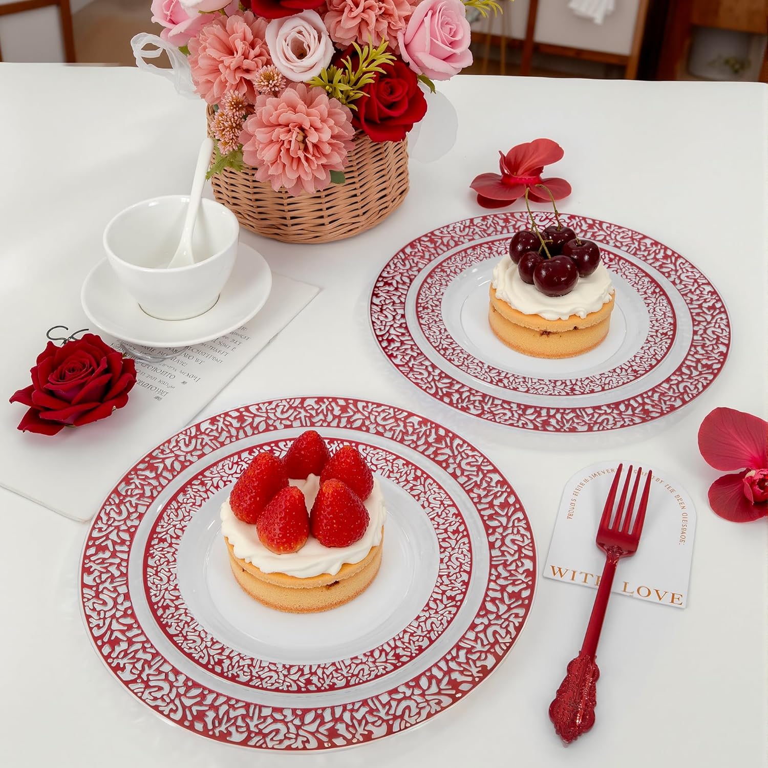LUODA MirthMood 30 Guests Red Plastic Plates with Disposable Silverware, Clear Red Party & Wedding Dinnerware Include 30 Dinner Plates, 30 Dessert Plates, 30 Silver Cutlery for Weddings & Party.