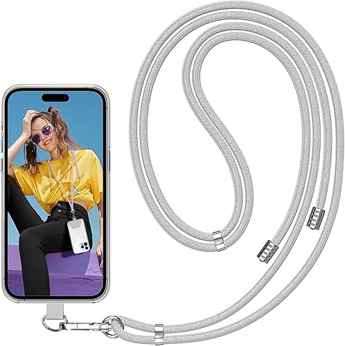 SS Cordón para teléfono, correa de cuello desmontable ajustable con parche para teléfono adecuado para cualquier teléfono celular, color gris