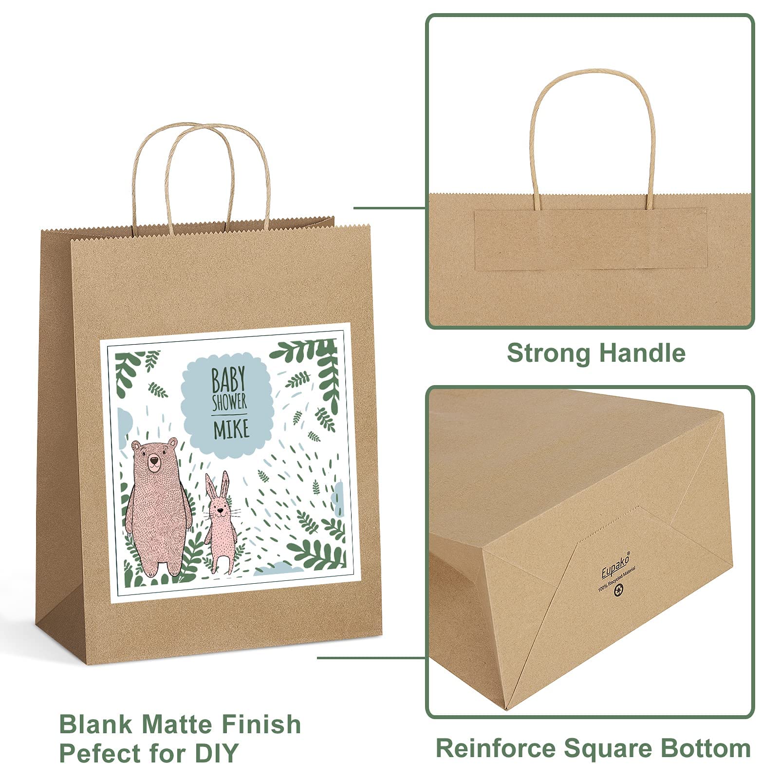 Eupako Bolsas de compras Kraft de 10 x 5 x 13 pulgadas, 100 bolsas de papel marrón con asas, bolsas de regalo de papel kraft a granel, bolsas de recuerdos de fiesta, bolsas de mercancía, bolsas de