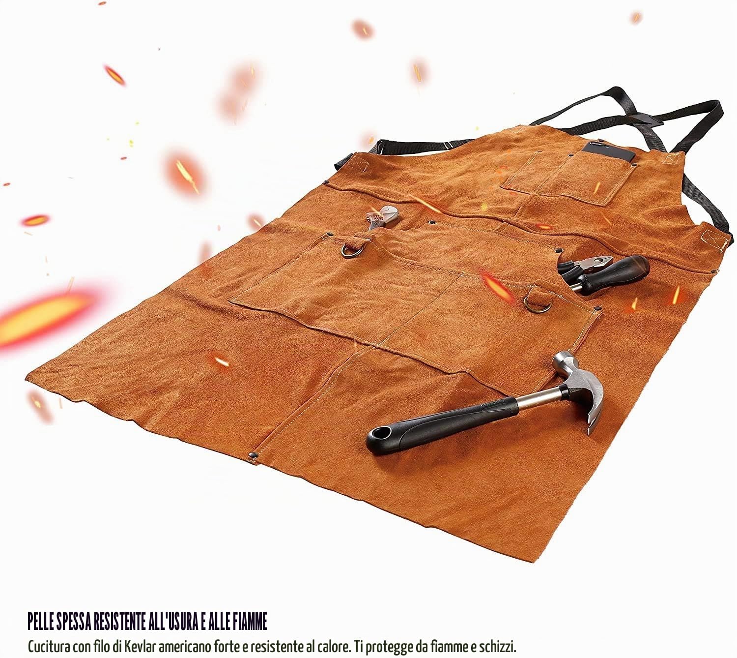 QeeLink Grembiule Saldatore in Pelle Resistente al Calore, Grembiule per Falegname con 6 Tasche, Grembiuli da Lavoro per Uomo Regolabile da M a XXXL per Fabbro, Carpentiere