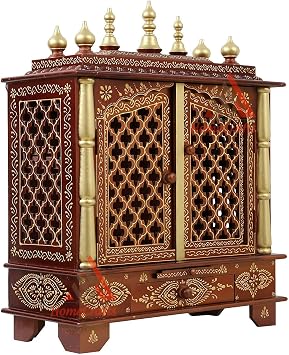 Homecrafts Handpainted Wooden Home Temple with Doors, Big Size Inside LED Lights Light Walnut & Light Redis, Size- 24x12x30 Inch