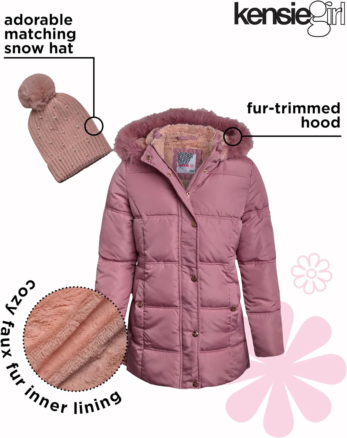 KENSIE GIRL Girls Puffer Jacket - Insulated Polar Fleece Puffer Winter Coats for Girls w/Fur Hood & Matching Snow Hat - Image 3