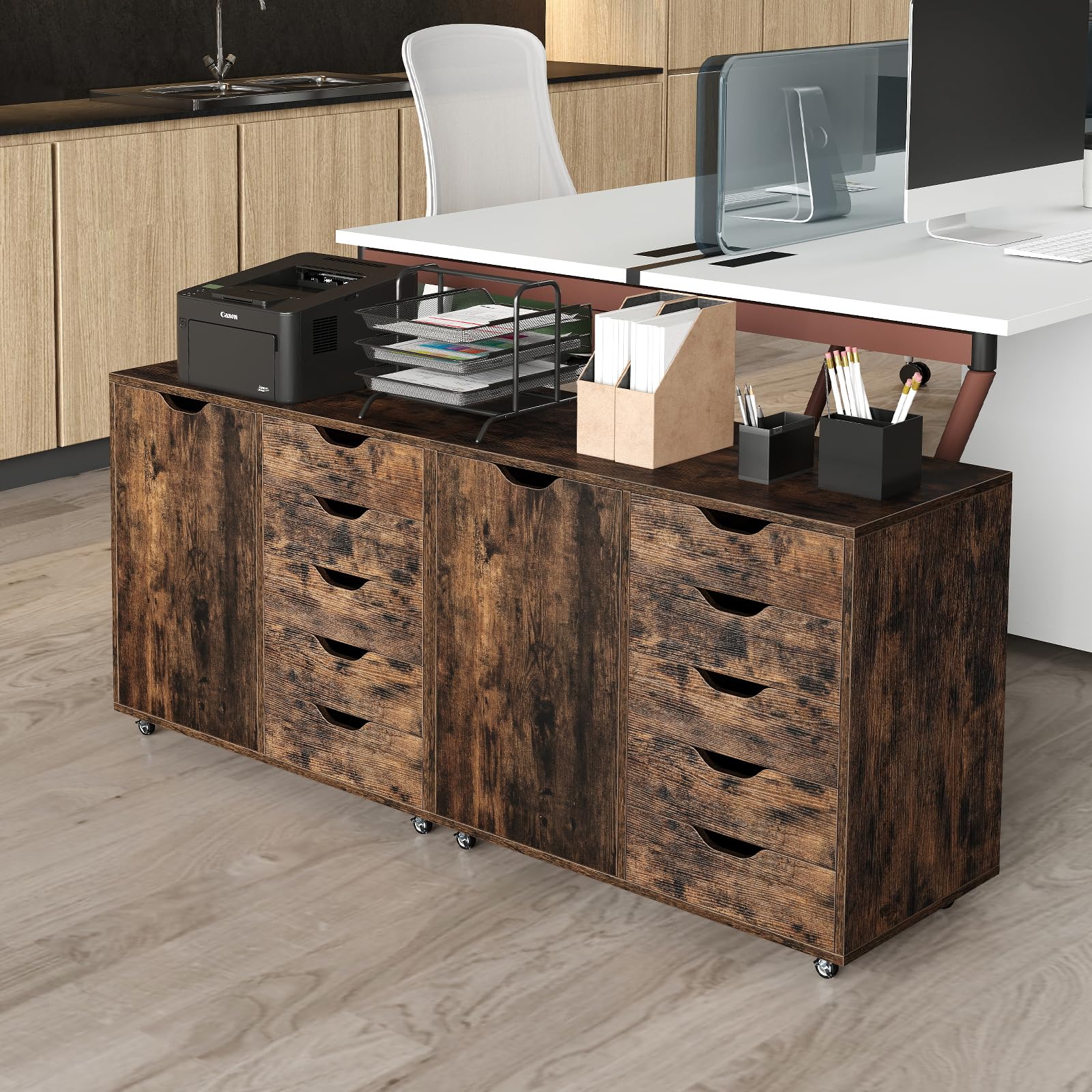 GIANTEX Rollcontainer mit 5 Schubladen & Schrank, Aktenschrank mit Rollen, Schubladenschrank Holz unter Schreibtisch, Druckertisch für Zuhause & Büro (Braun, 78 x 40 x 65 cm)