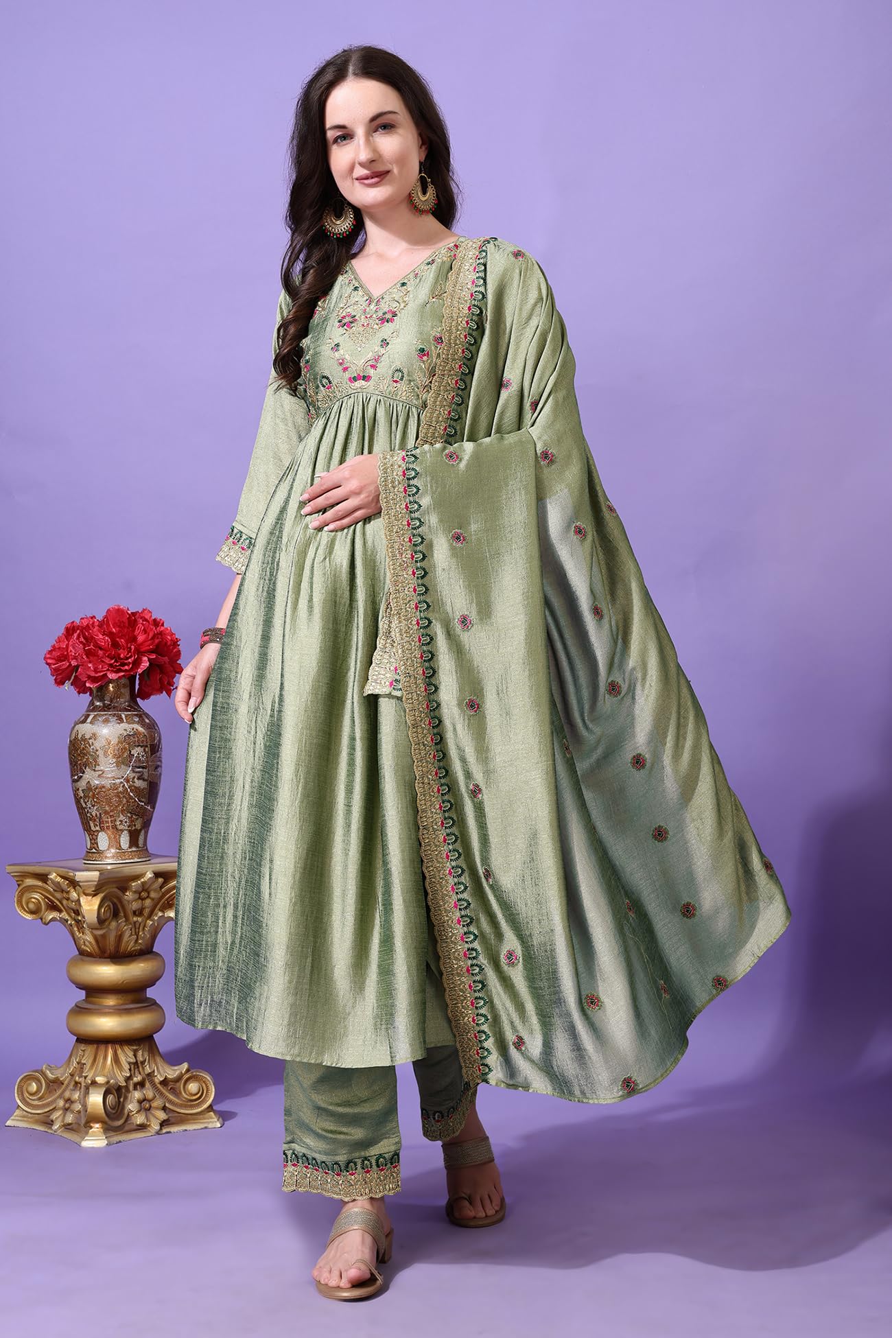 Pratham Blue Women's Silk Embroidered Anarkali Kurta Palazzos With Dupatta |Kurta Set For Women |Women's Kurta |Women Embroidered Kurta Sets Kurtis (Bkp-1012-S_Green)