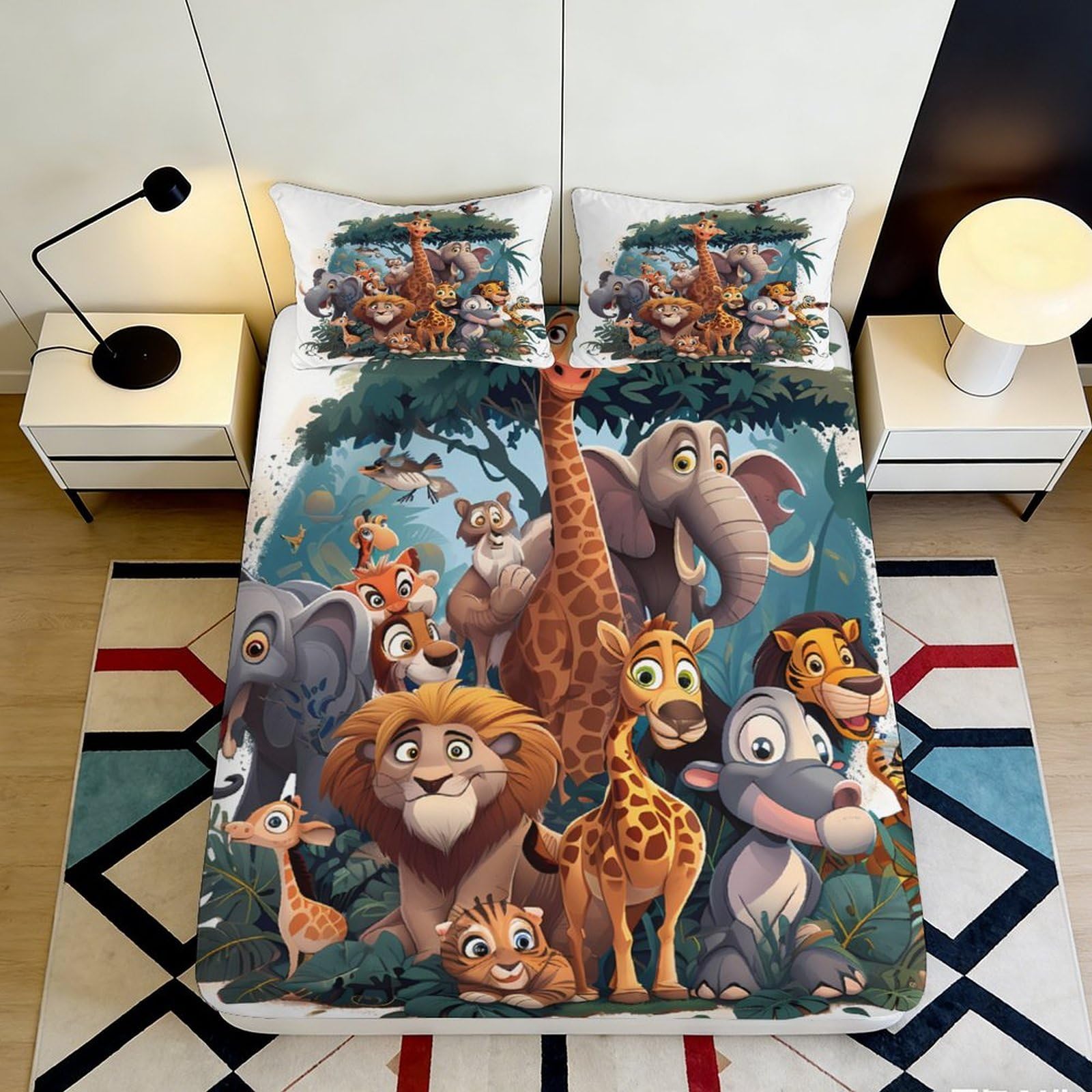 3D Printed Jungle Safari Animals Fitted Sheet Microfiber Soft Breathable Cartoon Wildlife Mattress Cover for Bedroom Dorm Mattress Protection Decor 200x200x25cm