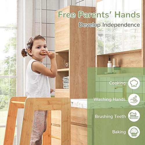 Miniatura 7 de Costzon Torre para niños pequeños, taburete de cocina ajustable para niños con riel de seguridad, torre de pie de bambú para niños, taburete de