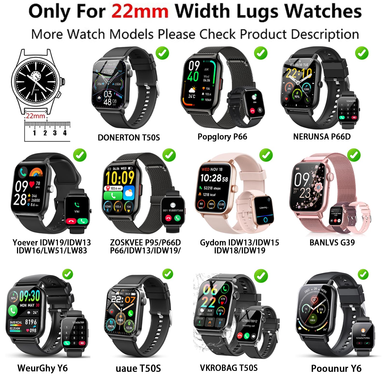 SUGARJAR Strap For Nerunsa P66D,22mm Silicone Band for Donerton T50S,T50H,Popglory P66,ENOMIR IDW19/LW51/LW11,TOOBUR IDW13/IDW16/IDW19/BW01,uaue T50S,Narcid P95/P66,TUYOMA LW36,WeurGhy Y6 - Image 2