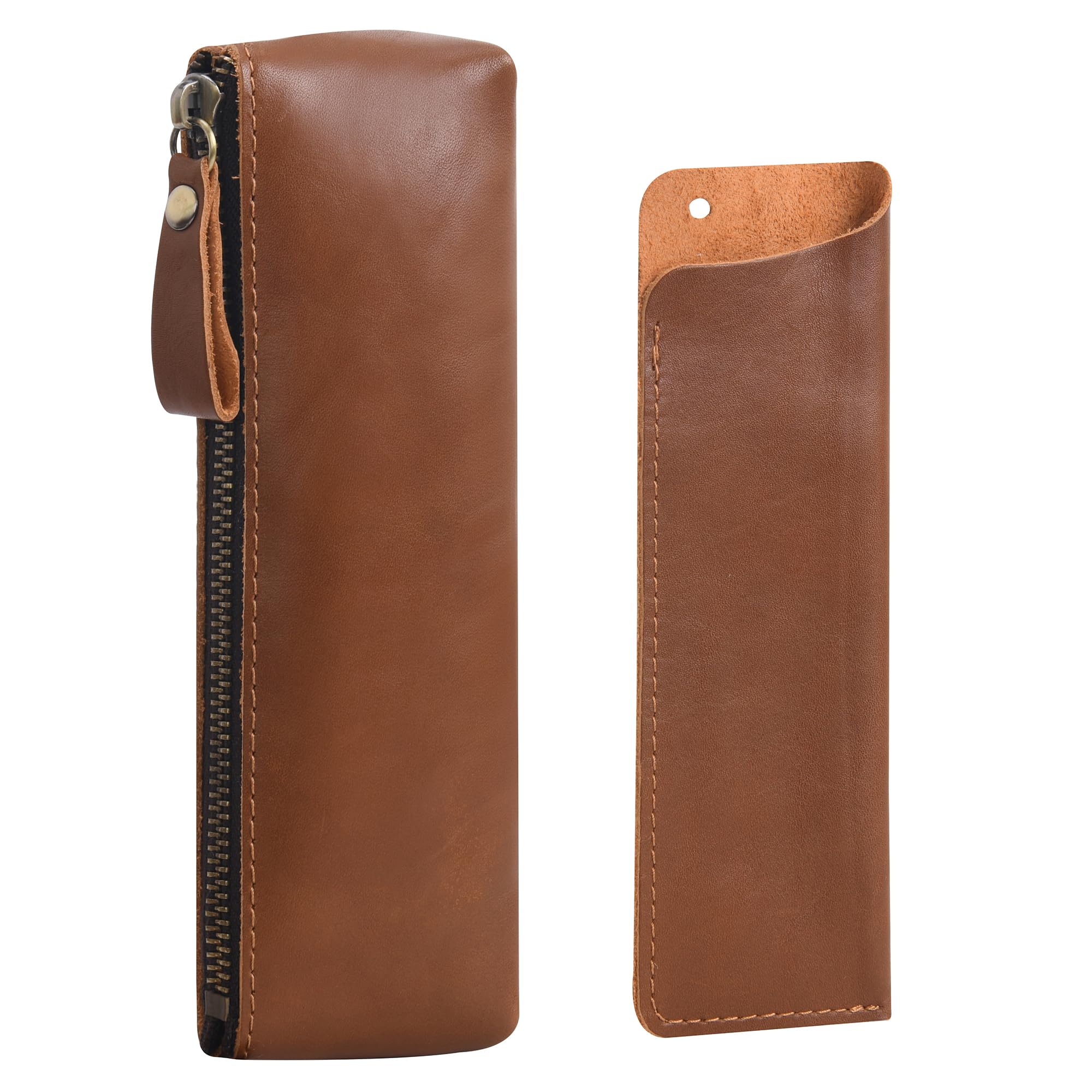 Wonderpool Light Brown Leather 1Pc Pencil Case & 1Pc Fountain Pen Holder - Portable Compact Drawing Marker Pen Stationery Pouches For School Office Travel Organizer (Light Brown)