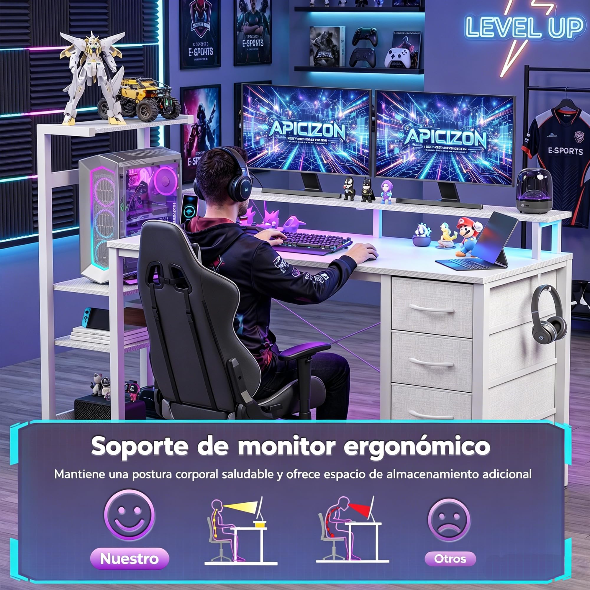 APICIZON Mesa Gaming 150 x 50 cm con Estantería - Escritorio de Ordenador Reversible con Luces LED RGB, 2 Puertos USB, Soporte para Auriculares y Bebidas, Textura de Fibra de Carbono Blanco