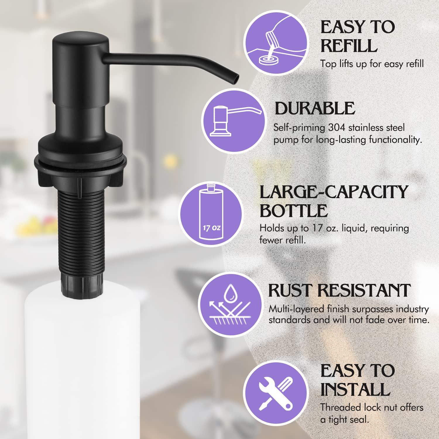 Dispensador de jabón para Fregadero de Cocina, Negro Mate, de Acero Inoxidable, para empotrar en la encimera, con Recarga Desde Arriba (Negro Mate)