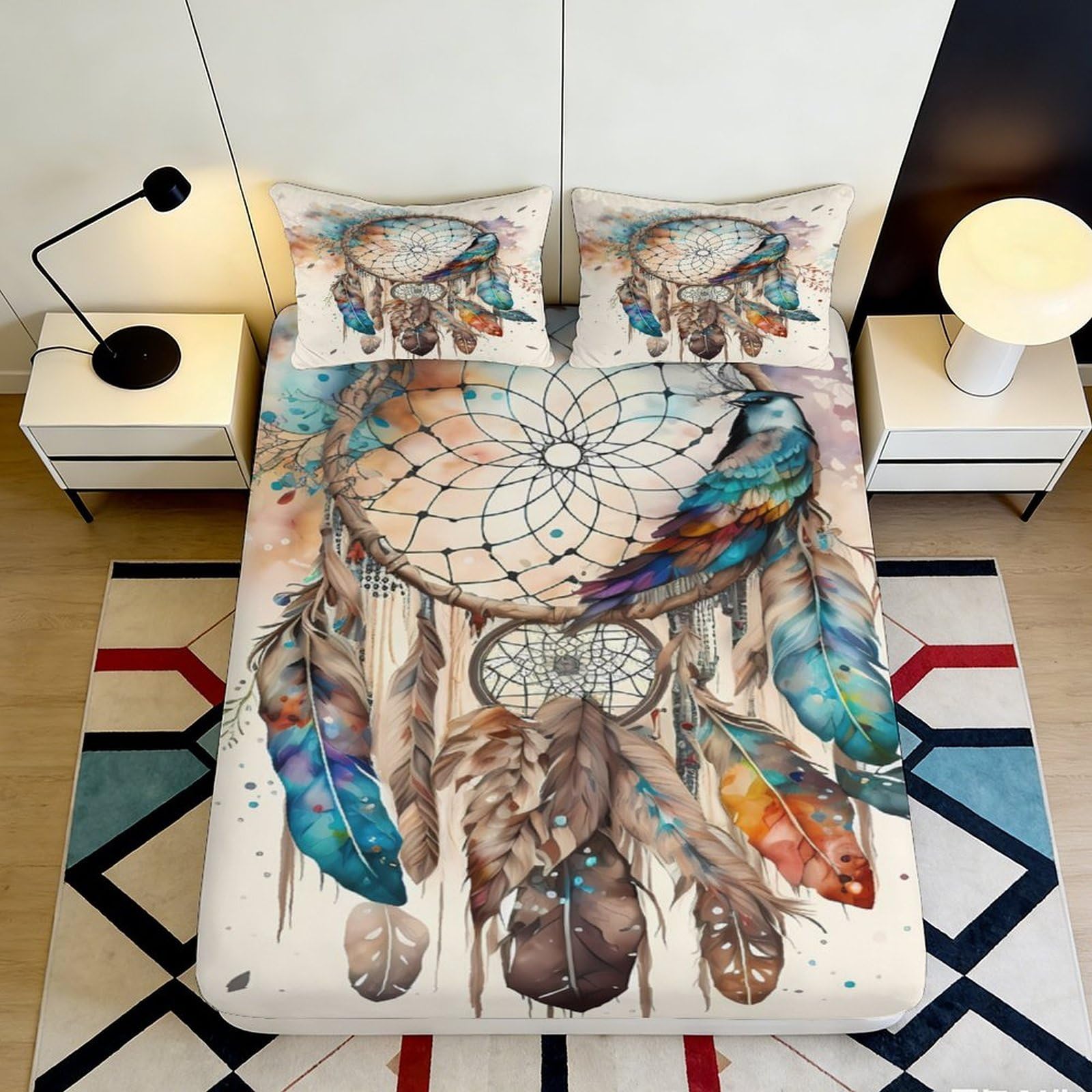 Jqzkxnhpbr Style-5 3D Printed Dreamcatcher Bird Fitted Sheet Microfiber Soft Decorative Native Feather Mattress Cover For Bedroom Dorm Guest Room 90X200x25cm