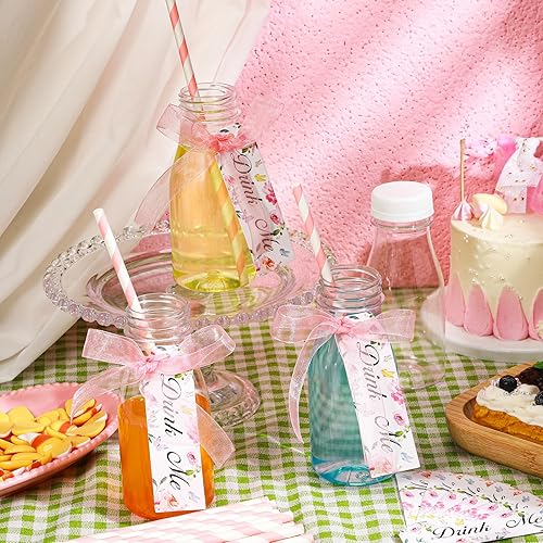 Miniatura 2 de Tanlade Juego de 25 botellas de leche de plástico de 8 onzas con pajitas y tapas con etiquetas Drink Me y cinta para fiesta de té, boda, baby