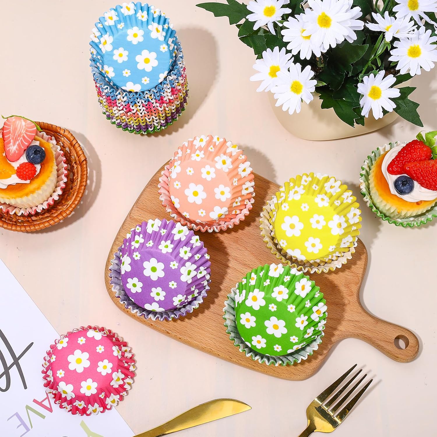 Whaline 600Pcs Colorful Daisy Flower Cupcake Liners Spring Rainbow Color Cupcake Wrappers Baking Cup Boho Groovy Hippie Party Muffin Liners for Baby Shower Wedding Birthday Party