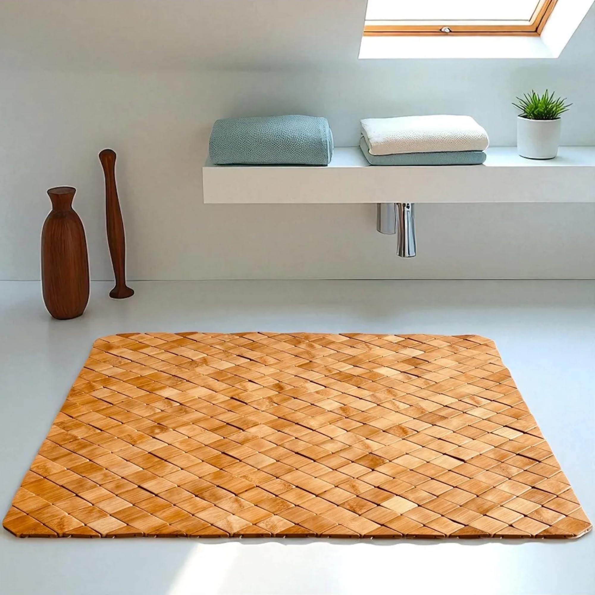 45x70 cm Baklava Desen Bambu Banyo Matı | Kaymaz Doğal Ahşap Banyo Paspası | Suya Dayanıklı Dekoratif Banyo ve Ev Matı