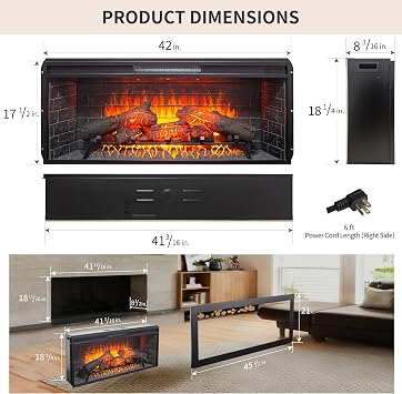 42 Electric Fireplace Insert with Trim Kit, Realistic Log & Silent Flame Effect, 1500W Fireplace Heater with Thermostat, Remote, 8H Timer, Overheat Protection (41.7 W x 18.7 H)