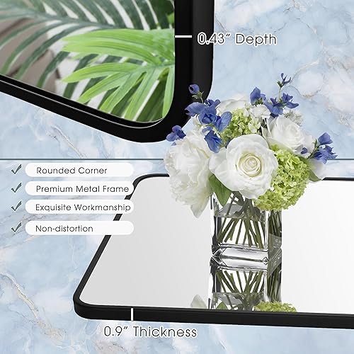 Miniatura 4 de Bonverre Espejo rectangular de pared de 30 x 48 pulgadas, marco de acero, espejo rectangular de esquina redondeada para baño, tocador, dormitorio,