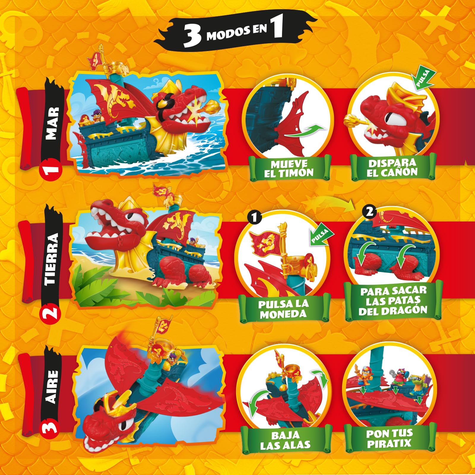 PIRATIX Dragon Ship – Barco Dragón de Piratix Todo Terreno 3 en 1: Tierra, Mar y Aire. Contiene 1 Barco Dragón, 1 Piratix Exclusivo, 1 Tesoro Exclusivo, 1 Bandera y 1 proyectil