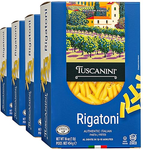 Tuscanini Auténtica pasta italiana Rigatoni de 16 onzas (paquete de 4) hecha con trigo duro de primera calidad, hecha en 12-15 minutos
