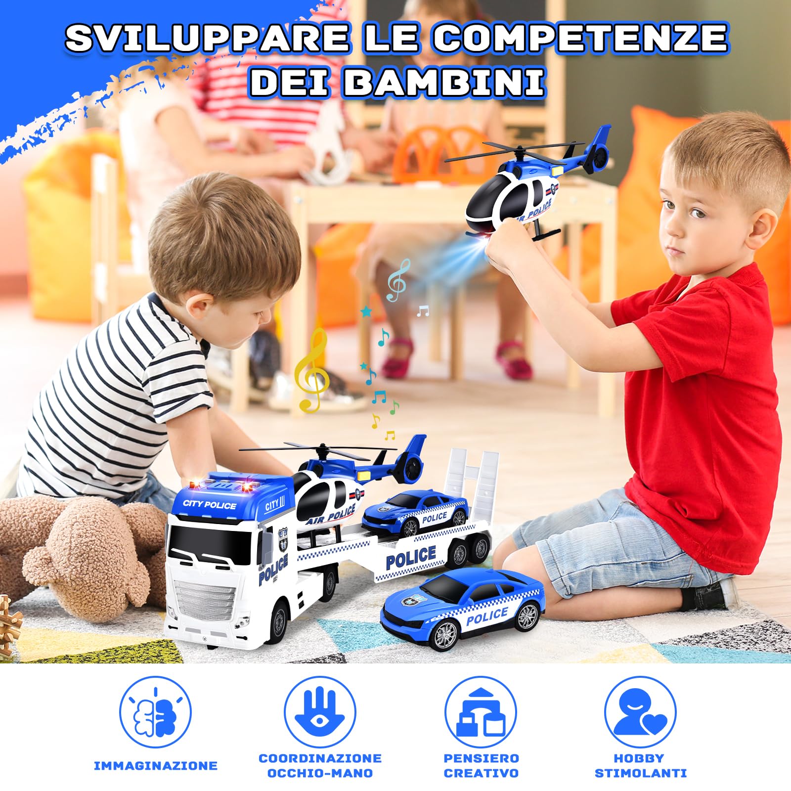Herefun 3 in 1 Camion Polizia Giocattolo per Bambini, Grande Trasportatore Con Elicottero e Macchina da Corsa, Regalo per Ragazzi 3-6+ Anni