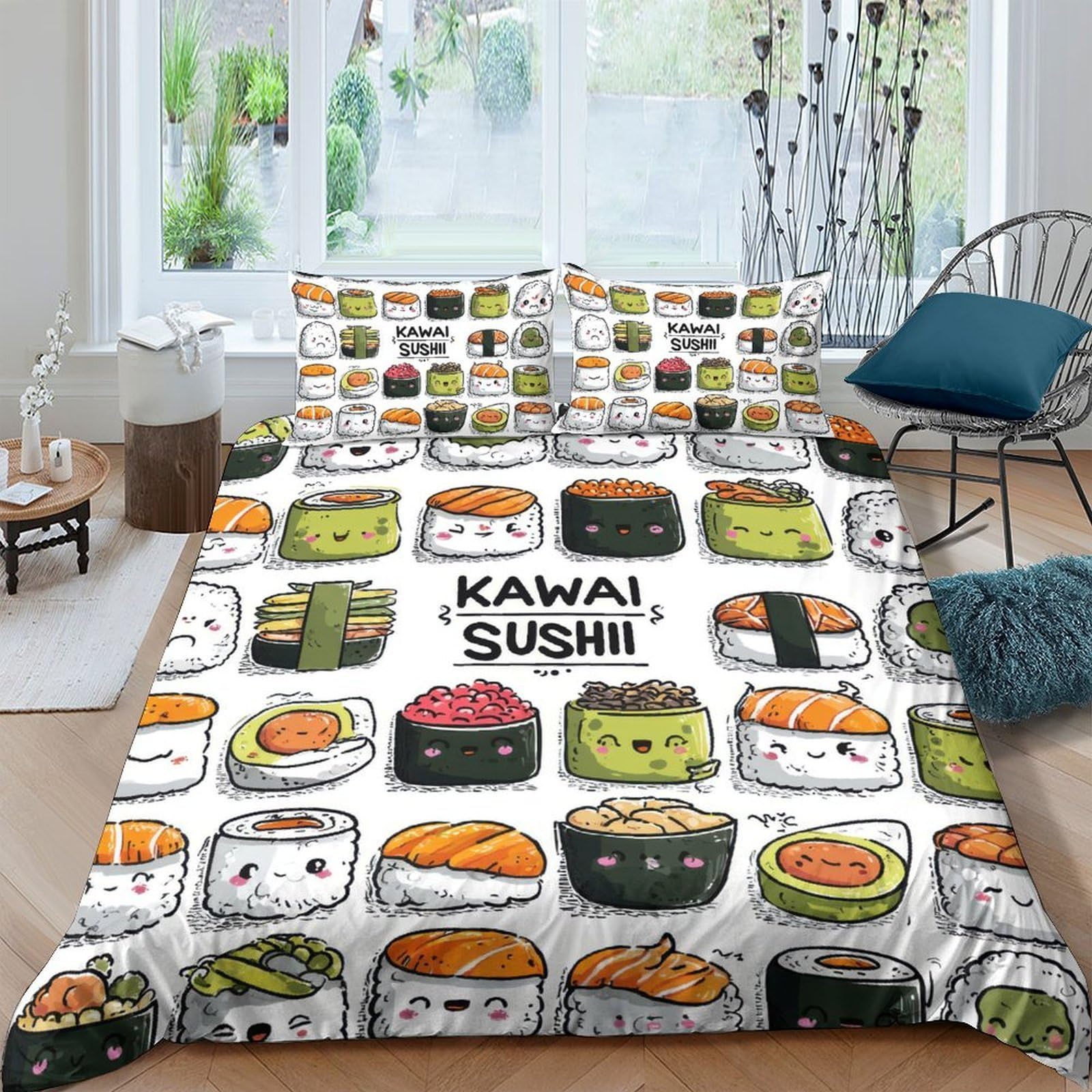 GPLZQXKJNH 3D Printed Kawaii Sushi Duvet Cover Set Microfiber Soft Breathable Japanese Cartoon Quilt Cover with 2 Pillowcases for Bedroom Decor Single（135x200cm）