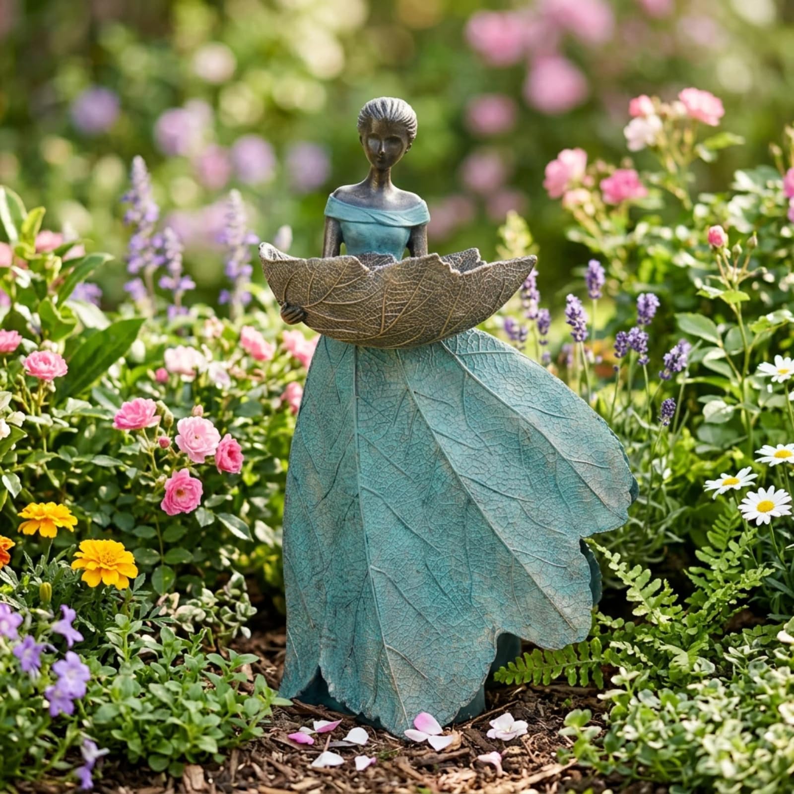 DiliComing Feengartenstatue, Vogelfutterstation – 30,5 cm, Feen-Statue für Heimdekoration, Kunstharz, Outdoor-Statuen für Gartendekoration, tolles Vogelfutterhaus, Gartengeschenk für Frauen, 30,5 x