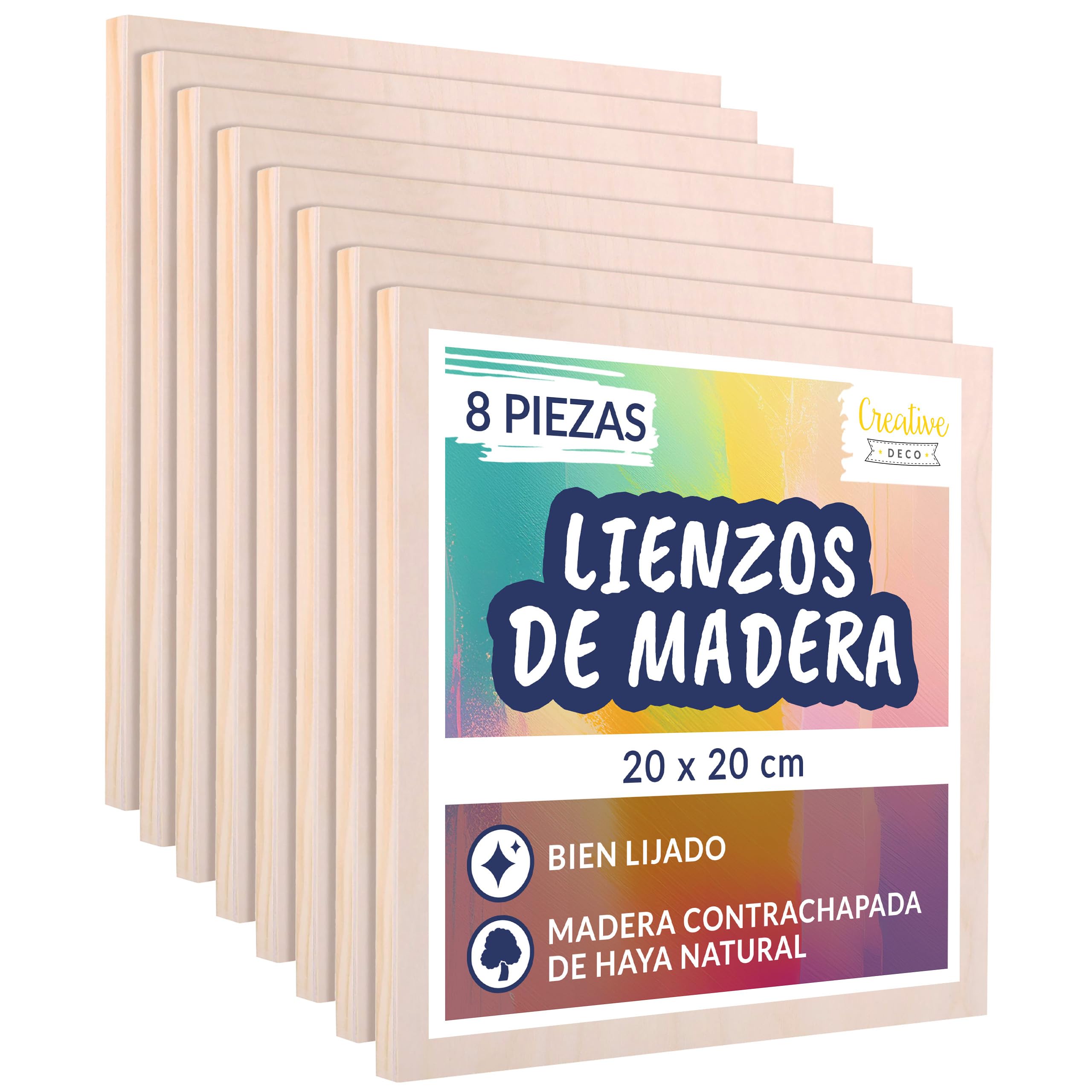 Creative Deco Lienzos Madera para Pintar Acrílico | Set de 8 Piezas | 20 x 20 cm Tableros | Canvas Paneles de Contrachapado | Ideal para Decorar, Grabar, Decoupage, Manualidades y Proyectos Artísticos