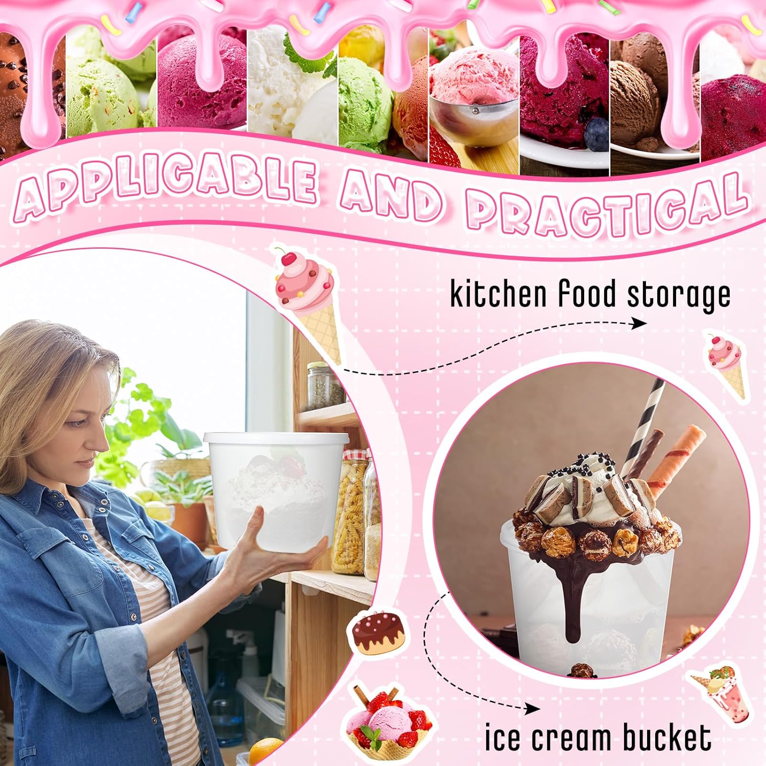 12 Pcs 1 Gallon Ice Cream Buckets with Lids 135 oz Round Plastic Food Storage Containers Cocktail Rum Bucket for Drinks Freezer Safe Ice Cream Tubs for Deli Soup Meal Flour(Light Color)