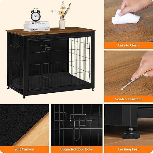 Vista 139 de DWANTON Mueble de jaula para perros con cojín, caja de madera para perros con puertas dobles, muebles para perros, perrera de interior, mesa Negro
