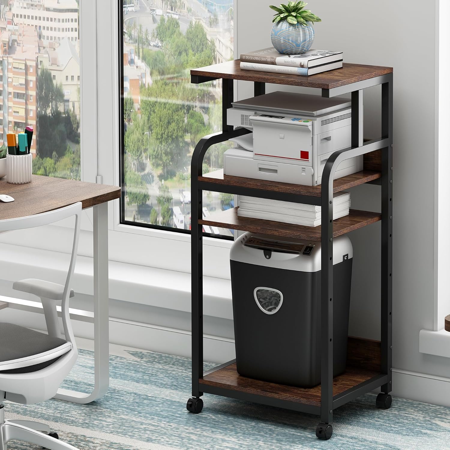 4-Tier Printer Stand with Adjustable Storage Shelf Large Tall Printer Table with Wheels for Home Office Small Spaces