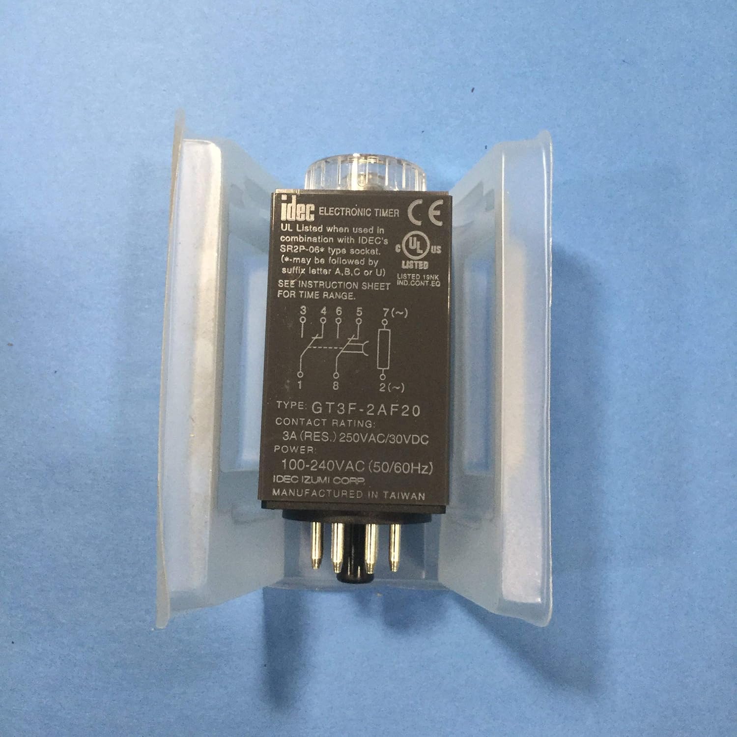 IDEC GT3F-2AF20 2 Changeover RELAYS, 8 RANGES, GT3F Series, MIN: 0.1 SEC, Off-DELAY, Output: 3 AMP 250 VAC, Panel Cutout/Width: 45 X 45 MM, Pug-in, Rated Voltage Code: AF20: 100 to 240 VAC 50/60HZ, T