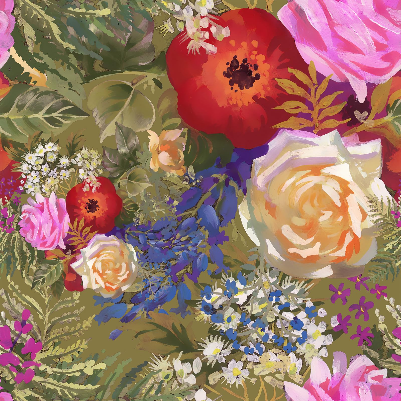 VEELIKE Aquarell Tapete Blumen Grün Kühne Blumentapete Rot Rosa Selbstklebende Tapete Blumen Vintage Tapeten Wohnzimmer Muster Fototapete Schlafzimmer Tapeten Floral Möbelfolie Flur 44.5cm×300cm