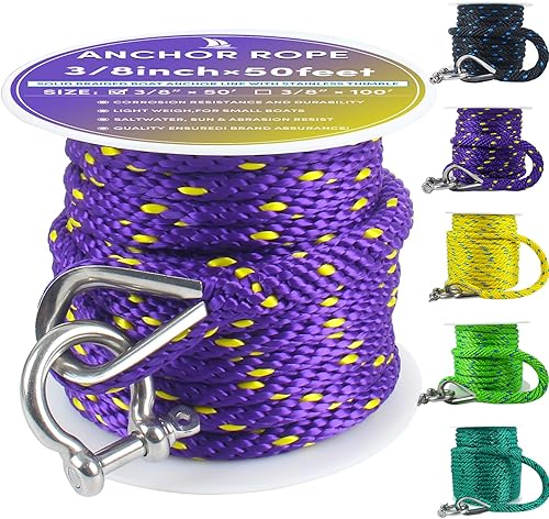 Vista 177 de Cuerda de anclaje premium de 100 pies x 3/8 pulgadas, cuerda marina de línea de anclaje MFP trenzada sólida con dedal y grillete, color negro