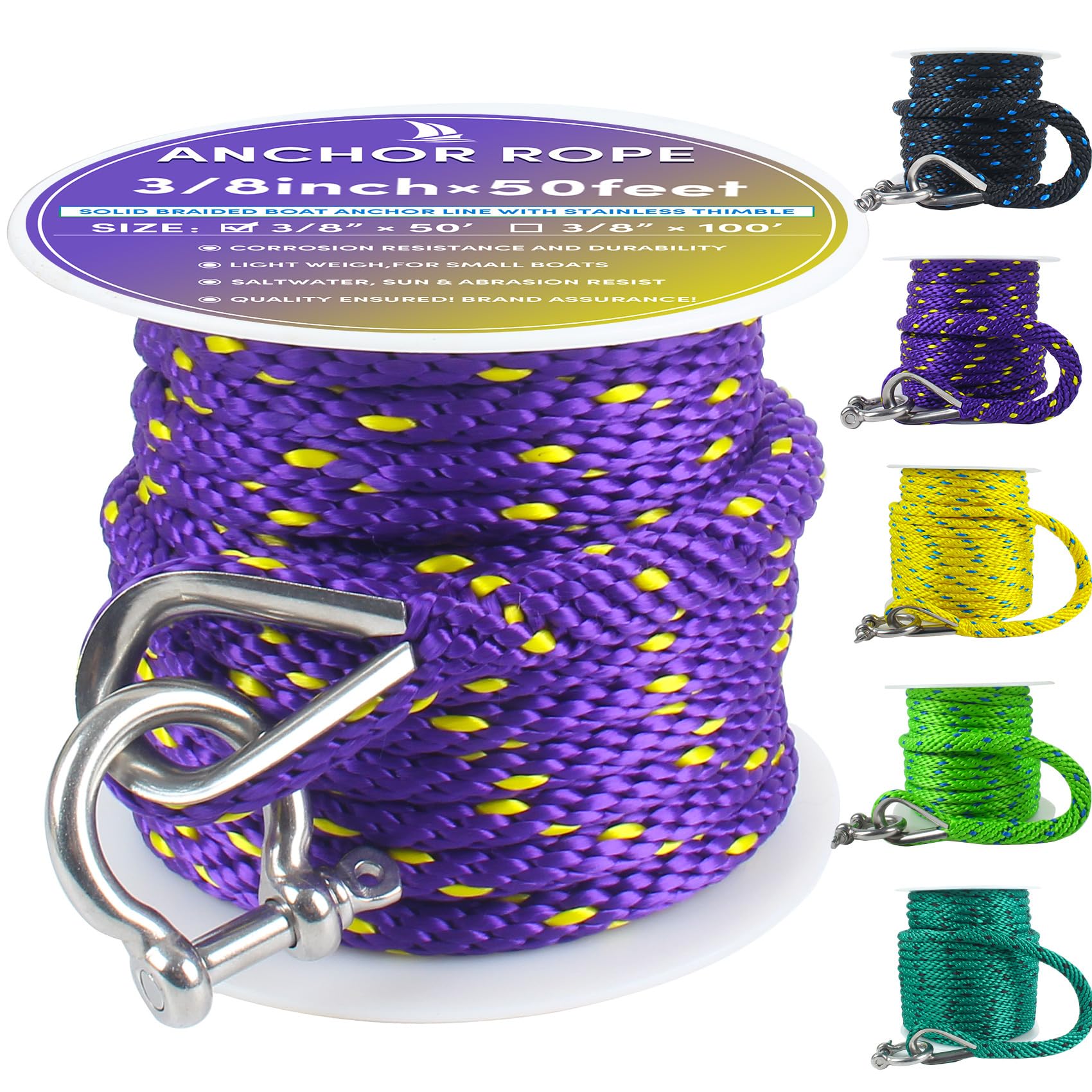 VEITHI Premium Anchor Rope 50 ft x 3/8 inch, Solid Braid MFP Anchor Line Boat Rope Marine Rope,Boat Anchor Rope with Thimble & Shackle - Purple/Yellow, MS-JGD-022 — image 1