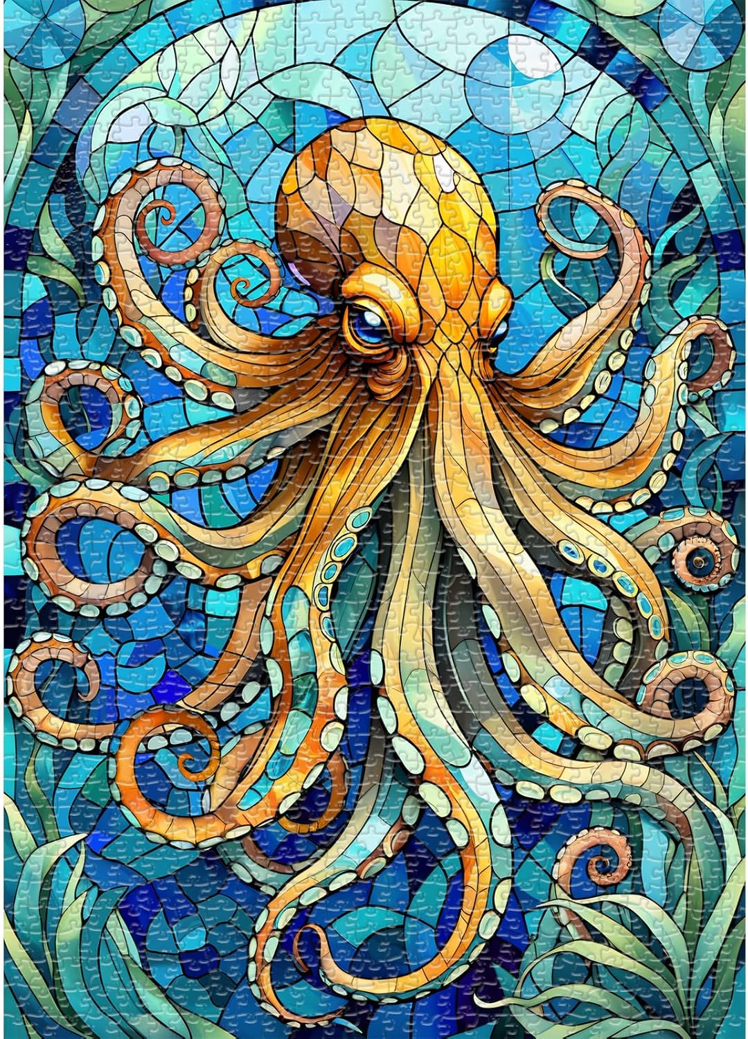 Hopgo Puzzles for Adults 1000 Pieces, Colorful Stained Glass Octopus Jigsaw Puzzles, Difficult Puzzles for Family Game 27.5"x19.6"