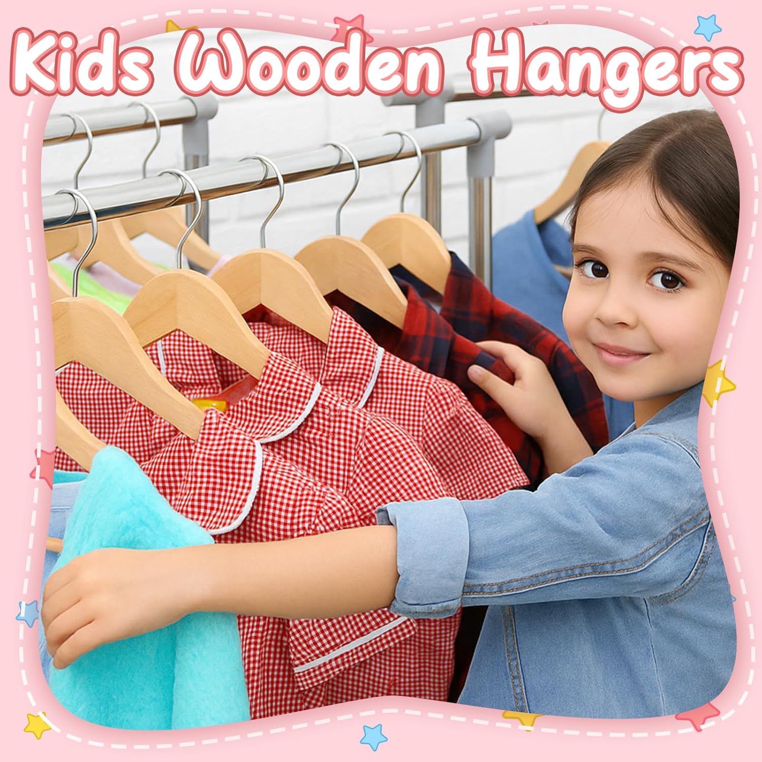 20 Pack Wooden Baby Hangers Wood Kids Hangers with Ring Clips for Closet Children Clothes Hangers with Pants Bar Shoulder Notches Swivel Hooks,12.5X 7.5 Inches