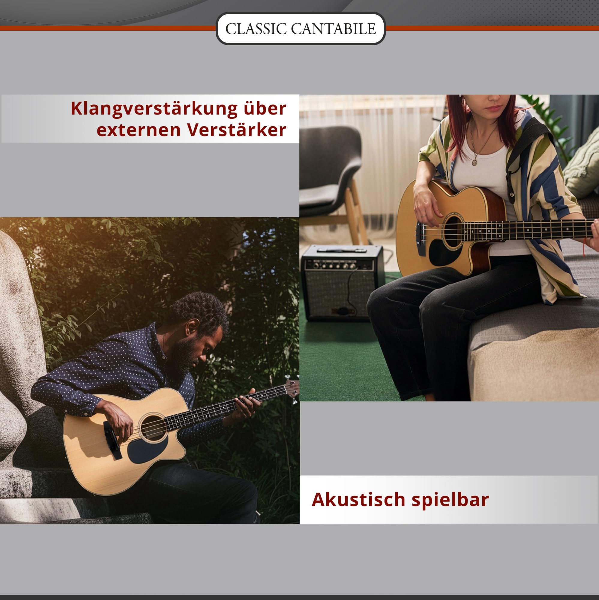 Classic Cantabile Short Scale Akustik Bass - 4 Saiten - Natural Gloss Finish - Piezo Tonabnehmer & Cutaway - Decke aus Fichte - Boden & Zarge aus Okoume - Ideal für Einsteiger & Unplugged Sessions