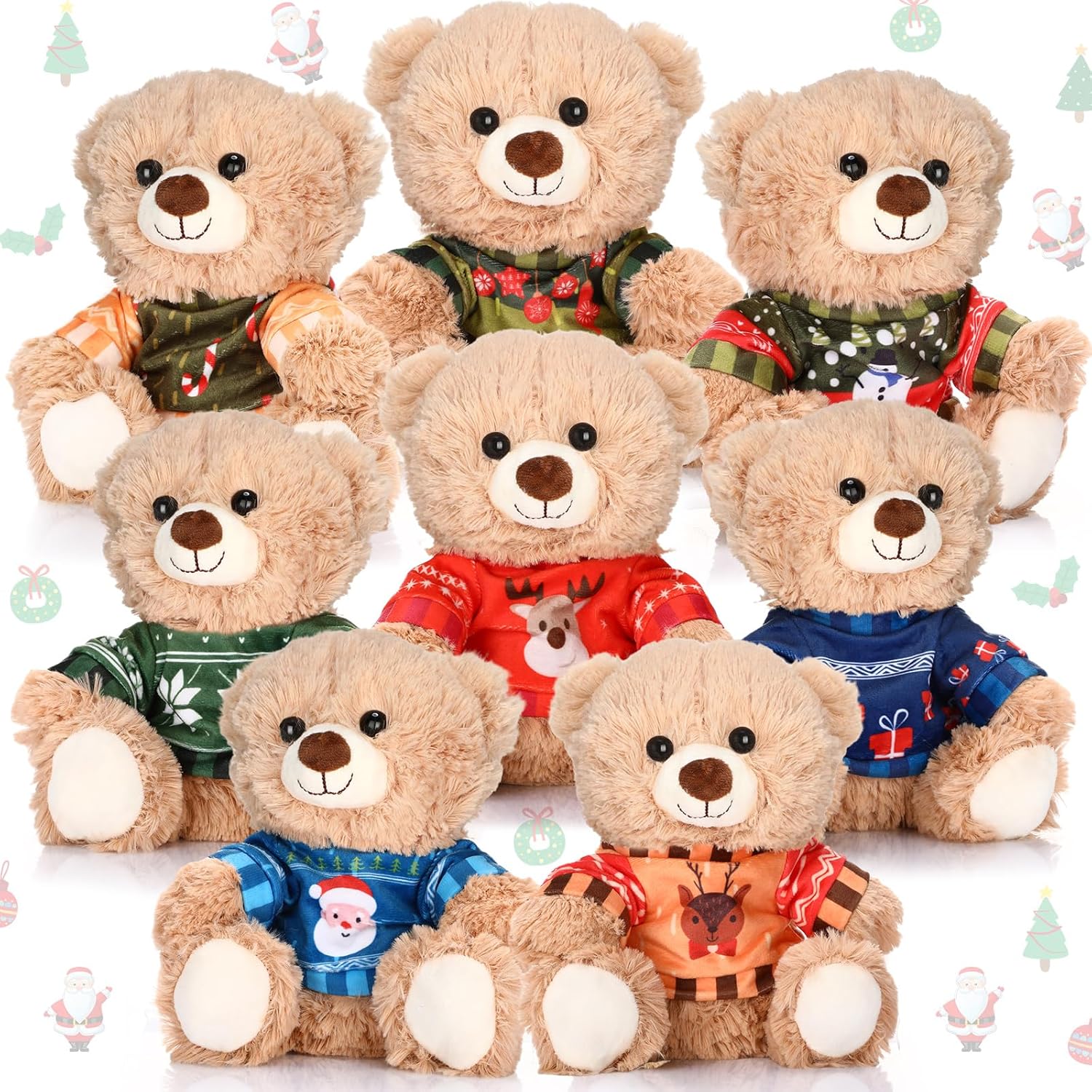 Hiboom 8 Pcs Christmas Plush Bear Stuffed Animal Bear Gift Bulk with Removable