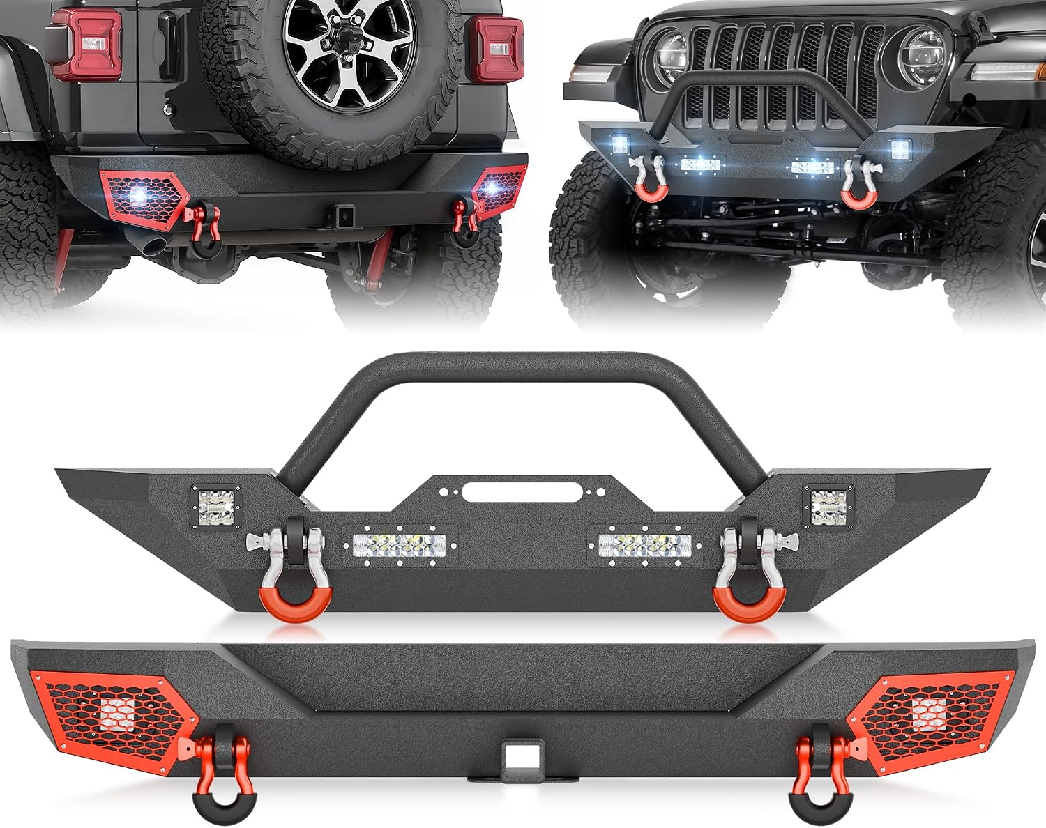 YZONA for JL Front and Rear Bumpers Compatible with 2018-2026 Jeep Wrangler JL JLU Unlimited Off-road Bumper with LED Lights, Winch Plate, Paintable Armor, 2"Hitch Receiver, D-rings (2/4 Doors, Black)