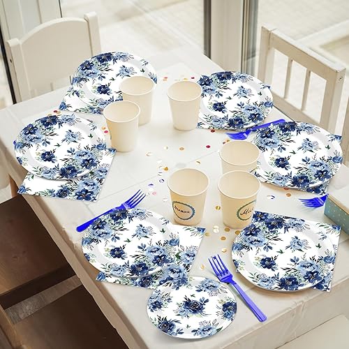 Miniatura 7 de Juego de 96 platos de fiesta de peonía, servilletas y vajilla de flores azules, vajilla desechable, decoración floral azul marino, regalos de